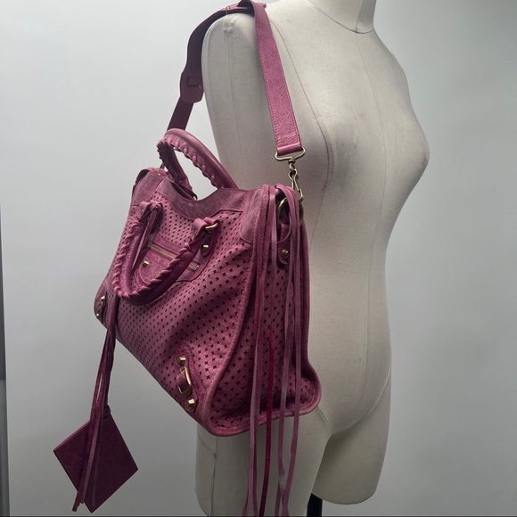 BALENCIAGA Purple Pink Perforated Fuchsia Leather GIANT GOLD HW MINI CITY BAG - Picture 4 of 15